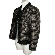 CHICO'S Royal Tweed Jacket Black Gold Silver Open Blazer Bracelet Sleeve 1 M 8