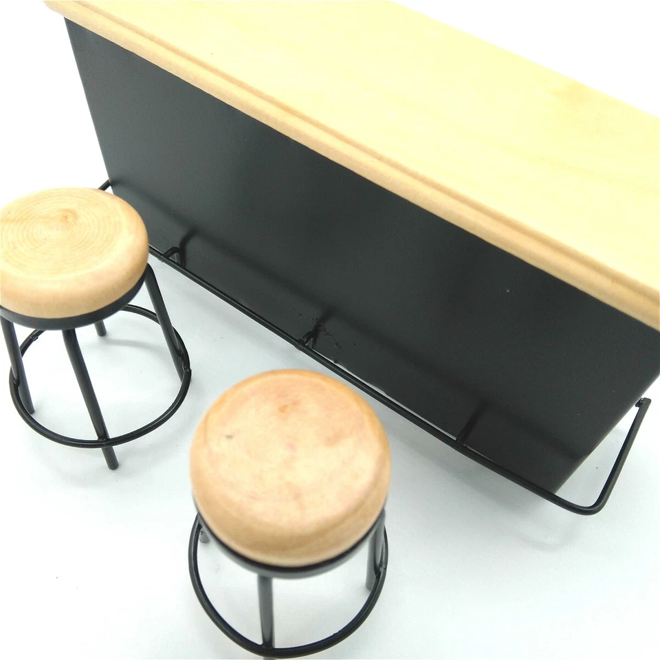 Dollhouse Taproom Bar Counter with 2 Stools 1:12 Miniature Furniture Decor - Image 2 of 4