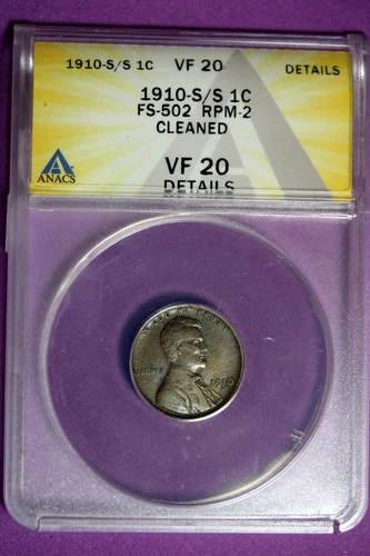 1910 - S/S ANACS VF20 FS-502 RPM-2 CLEANED LINCOLN CENT!!  #B28565
