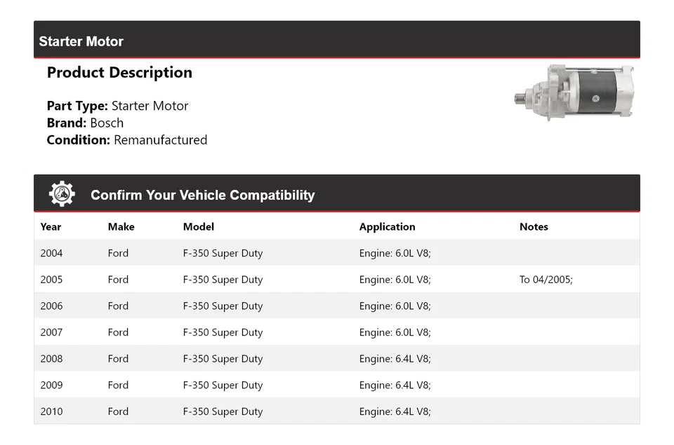 Arranque Bosch para Ford F-350 Super Duty 2004-2010 (remanufacturado) 2005 2006 Foto 2 de 4