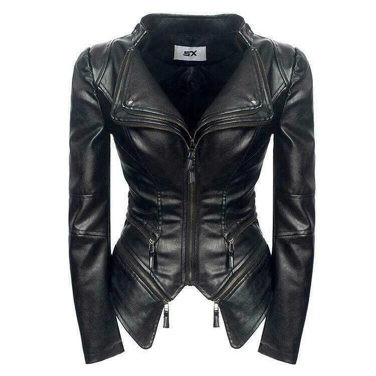 Womens Sexy Punk Leather Jacket Power Shoulder Motorcycle Biker