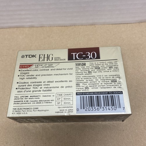 TDK E-HG VHS-C TC-30 Camcorder Tape NEW Sealed 1 Tape - Picture 2 of 3