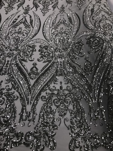 Silver Empire Design Embroider With Sequins On A White Mesh-Fashion-By The Yard. - Picture 4 of 12