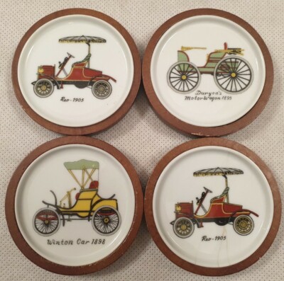 Vintage 4er Set Keramik und Holz Untersetzer mit Auto Designs Rolls Royce