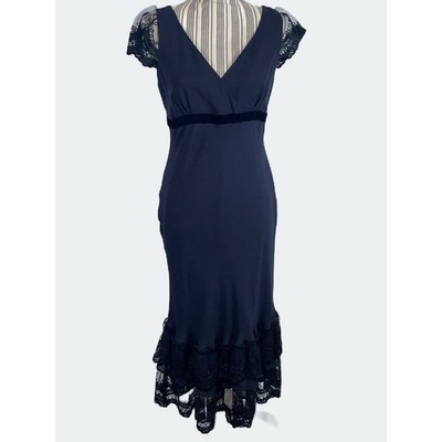 Ann Taylor LOFT Y2K Black Ruffle Lace Hem Silk Midi Dress V Neck Size 6 NEW