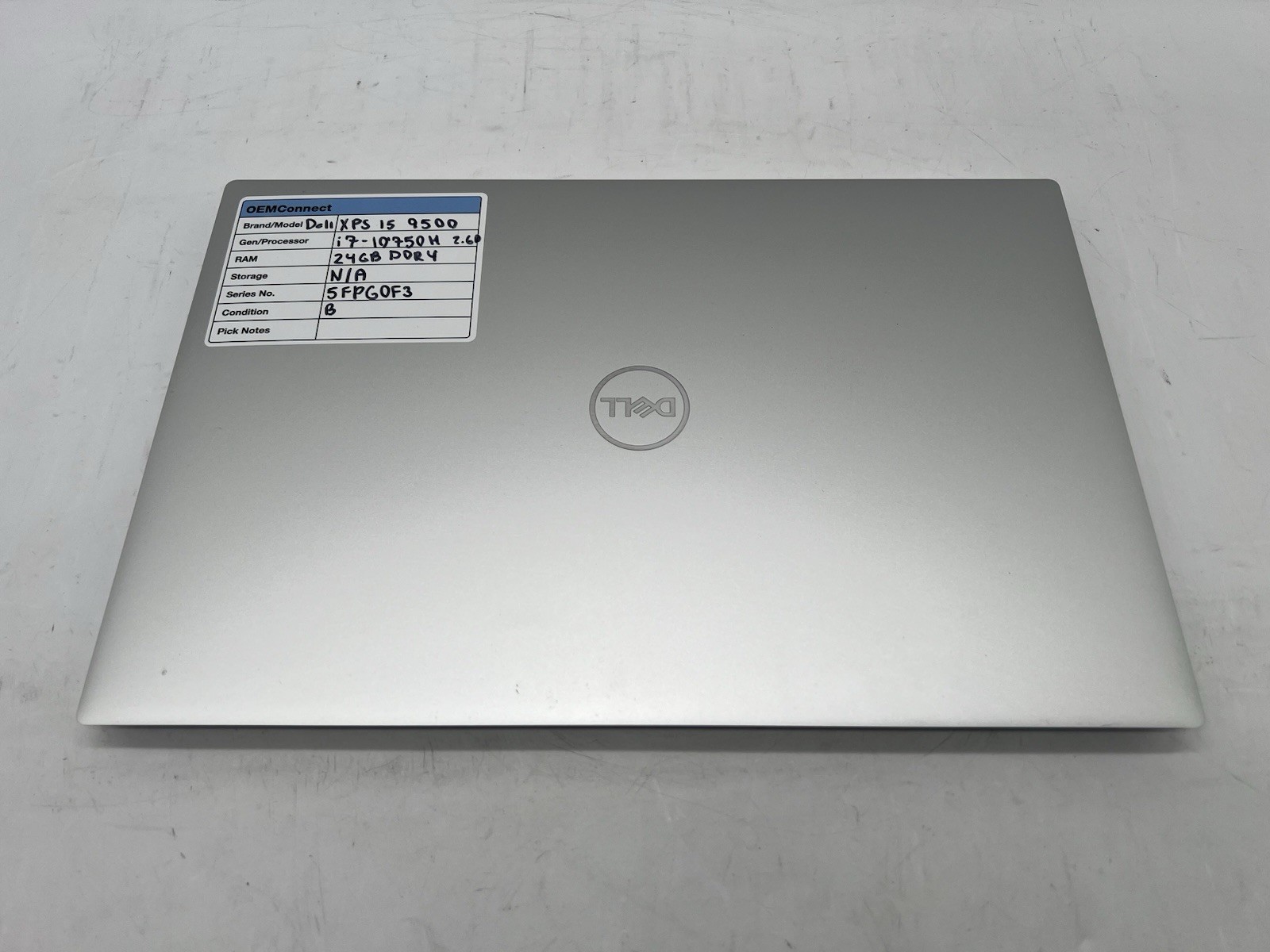 Dell XPS 15 9500 Laptop, i7-10750H, 2.60GHz, 24GB RAM, 512GB NVMe, No OS/Adapter