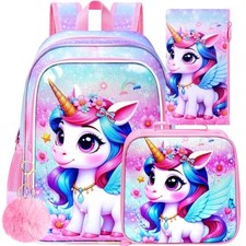 3PCS Unicorn Backpack for Girls, 16" Glittery UV Printing Kids Bookbag/School