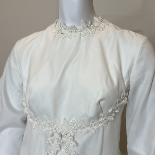 Vintage 60’s BOHEMIAN WEDDING DRESS S 4 Floral Boho Train Long Sleeves Bow - Picture 4 of 11