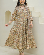 Beige Cotton Hand Block Anarkali Kurta Pant Set with Dupatta Women Ethnic Suit