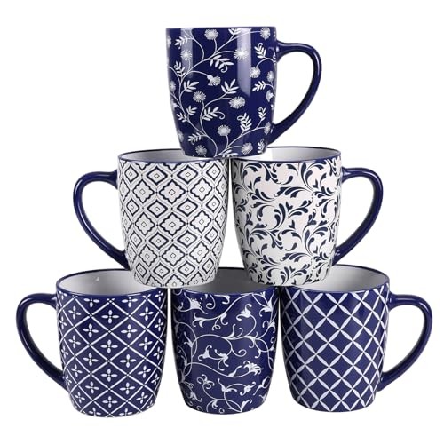18 OZ Large Coffee Mugs Set of 6, Ceramic 18 OZ Coffee Mug Blue Coffee Mugs