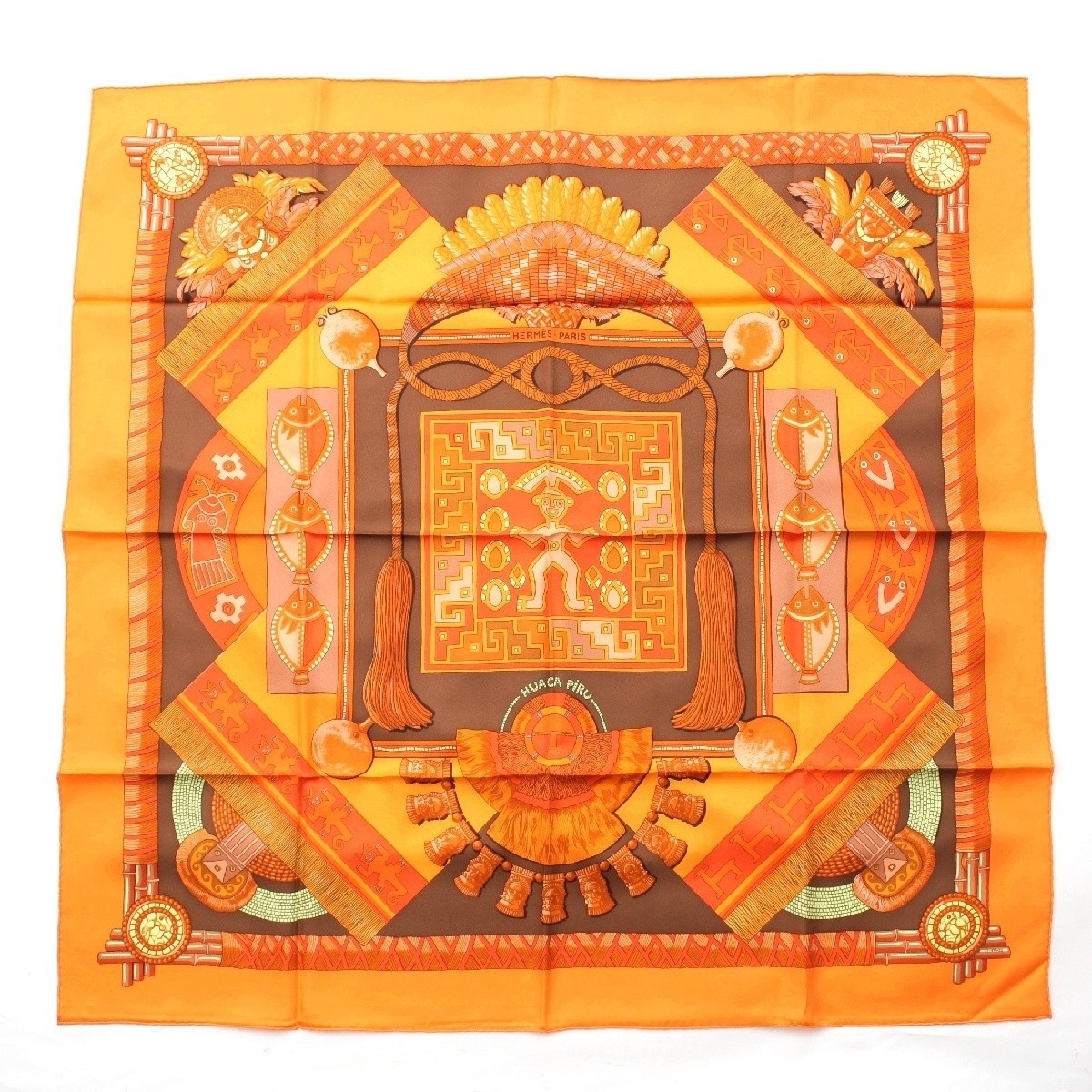 HERMES Carré 90 Silk Scarf HUACA PIRU Sacred Peru Orange Pre-Owned