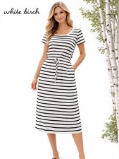 White Birch Striped Midi Dress Small Black White Rayon Elastic Waist Casual USA