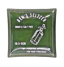 BEN'S SELTZER Green Glass Advertising Trinket Dish Bottle Graphic Square