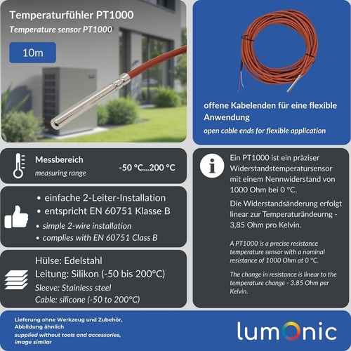 Temperaturfühler PT1000 mit Silikonkabel 10m -50 bis 200°C 6mm 2-Leiter-Anschlus - Bild 3 von 5