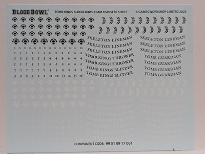 Tomb Kings Blood Bowl Team Tranfer Sheet, Decals, Third Season Starter Set, GW