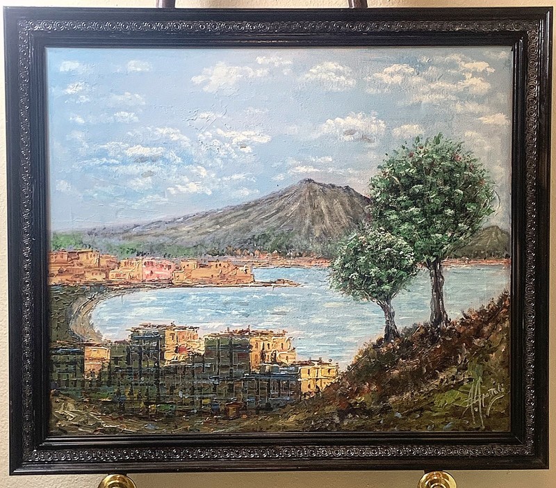 Signed Andrew Apostoli Oil Painting on Canvas Italian Harbor Waterfront Nautical