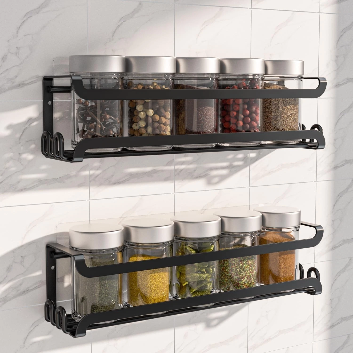 2 Pack Wall Mounted Spice Rack with Hooks for Kitchen and RV Organization