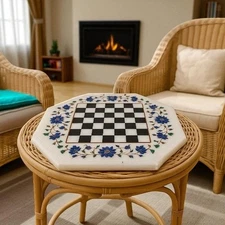 12" Elegant Marble Chess Board Octagonal White Marble with Floral Inlay Work Dec