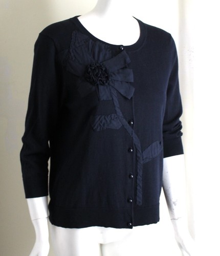 Talbots Sz XLP P XL Dark Navy Floral Rosette Silk Knit Fine Cardigan Sweater - Picture 5 of 9