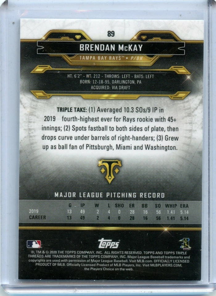  2020 Topps Triple Threads Gold #89 Brendan McKay 60/99 - Image 2 of 2