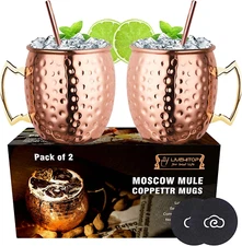 Moscow Mule Copper Mugs Set of 2, Copper Cups 19.5 Oz Cocktail Kit with Straw Co