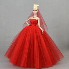 Red Wedding Dress for 11.5" Doll Outfits Clothes Handmade Long Gown Veils 1/6