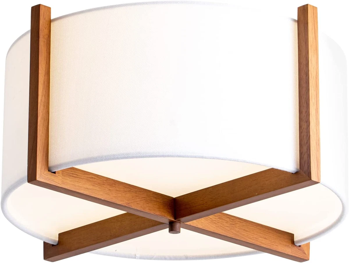 Semi Flush Mount Ceiling Light Fixture with Wood and Off White Fabric Drum Shade