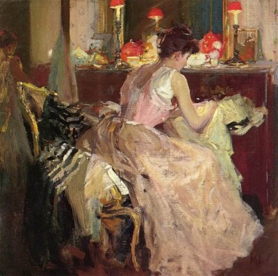Oil painting Richard+Edward+Miller-Sewing+By+Lamp+Light Richard+Edward+Miller-Se