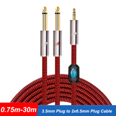 3.5mm Jack Plug to 2 x 6.5mm TS Jack Plug Cable Lead Aux to Twin 0.75 -30 Metres