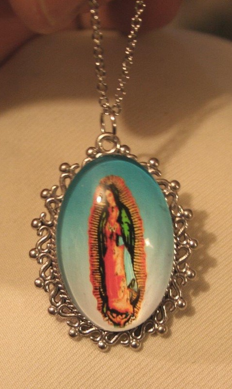 Lovely Lacy Rimmed Silvertne Bright Our Lady of Guadalupe Medal Pendant Necklace