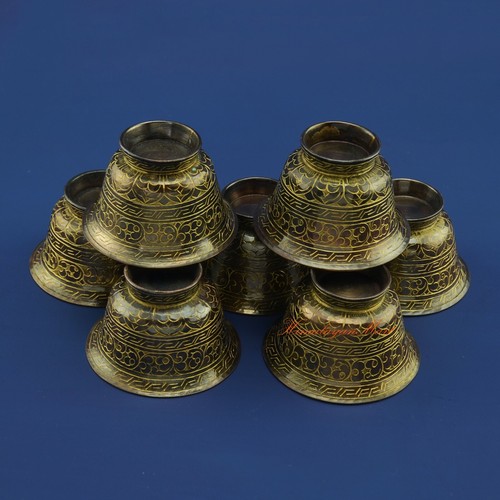 Oxidized Copper Alloy with Gold Paint 7 Water Offering Bowls for Altar/Shrine - Picture 4 of 6