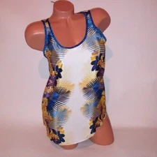 Attention XL Tank Top Tropical Floral Vacation Blue Yellow Sleeveless New