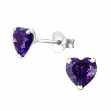 Amethyst CZ 6mm HEARTS Sterling Silver Stud Earrings February Birthday Gift Box