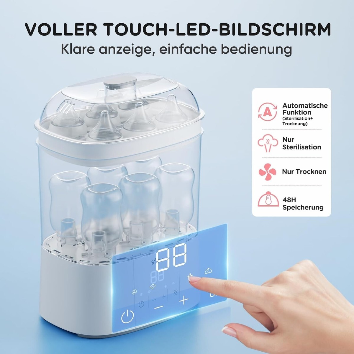 Bear 2026 Sterilisator für Babyflaschen mit Trocknungsfunktion, 4-in-1 Auto-Flaschen Sterilisator Baby mit 48H Storge-Funktion, Sterilisator für Babyartikel, Babyflaschen & Milchpumpen-Zubehör