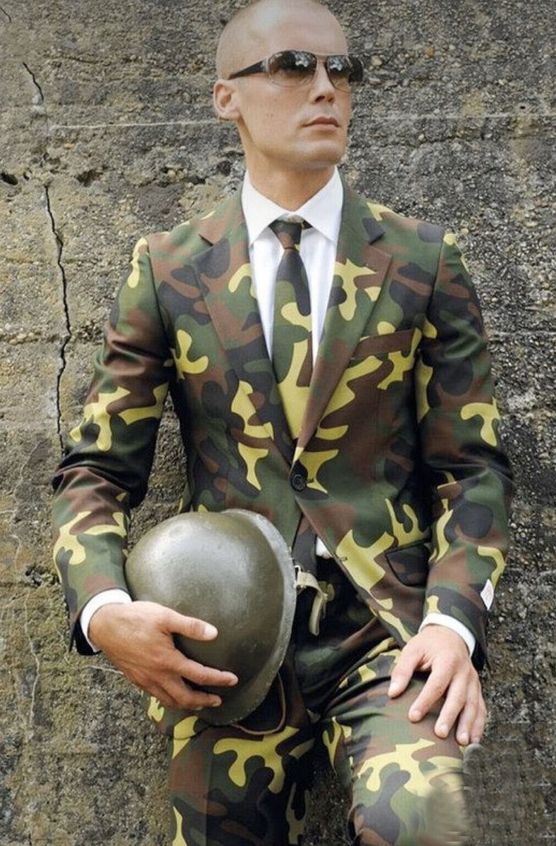 Camouflage Men Suits 2Pcs Formal Outdoor Military Casual Blazer Pant Slim  Fit