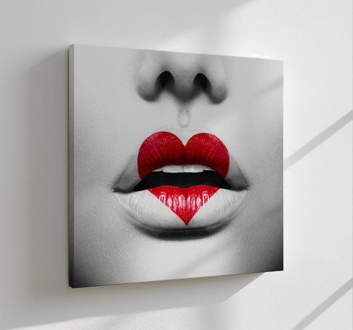 Red Lips Heart Shape Canvas Print Wall Art, Stylish Home Decor Wall Hanging - Picture 12 of 12