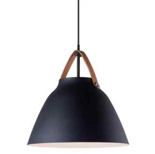 TRENDY LIGHTING 1-LIGHT PENDANT WITH BLACK METAL SHADE & TAN LEATHER STRAP 14"W