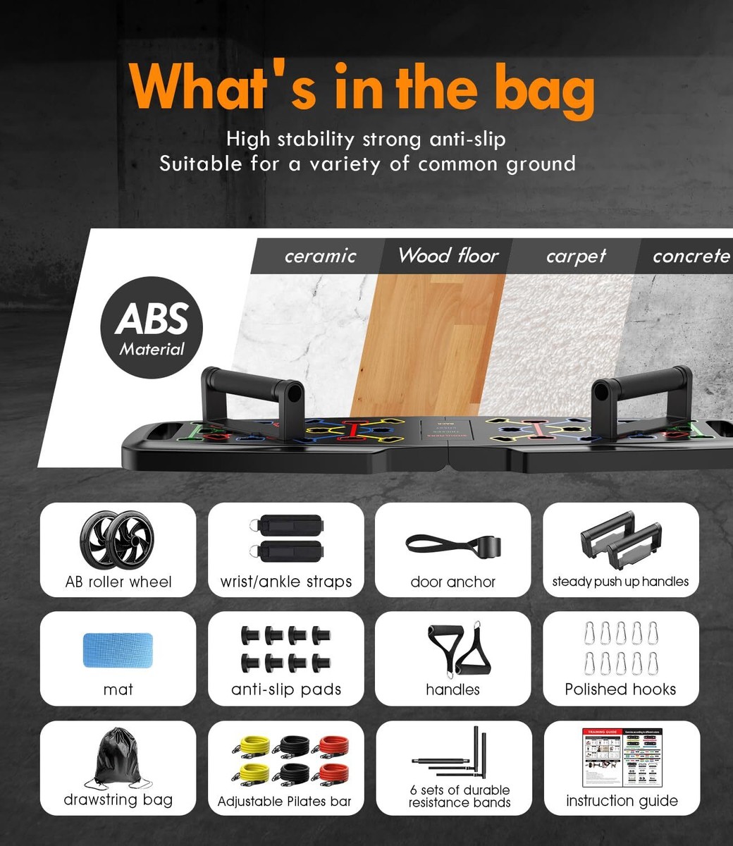 All-in-One Portable Home Gym: Push Up Board, Resistance Bands, Ab Roller, Pilates Bar & Carry Bag