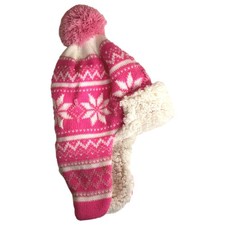 Girls Pink  White Nordic Snowflake Print Trapper Hat Plush Lined 4-6X