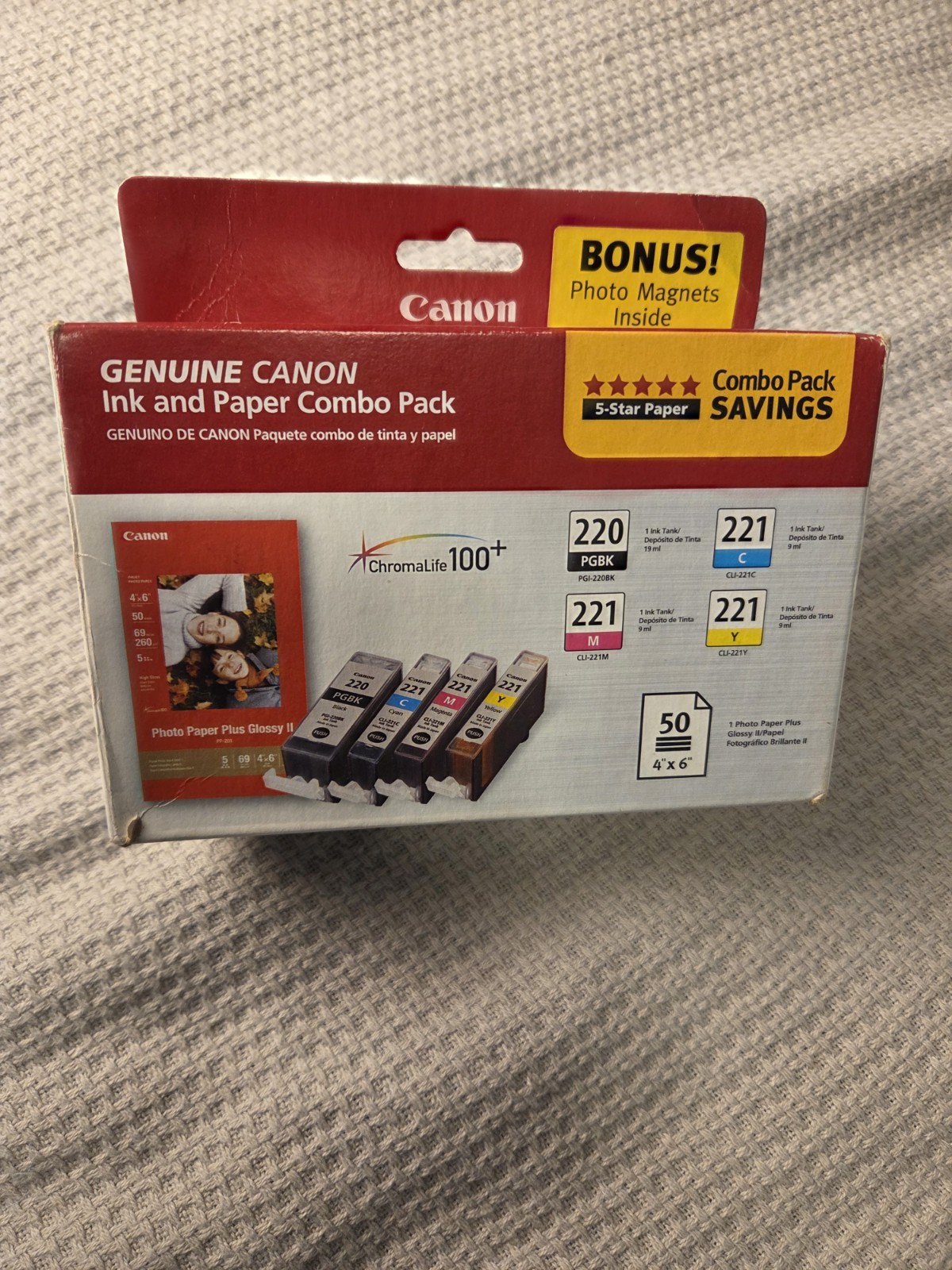 Canon Genuine Ink Paper Combo Pack PGI-220 Black CLI-221 Cyan Magenta ...