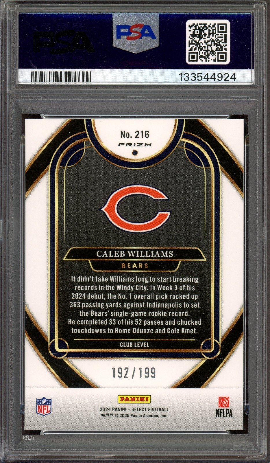 CALEB WILLIAMS ~ 2024 Panini Select White Shock RC #216 (#192/199) ~ PSA 9 MINT view 2