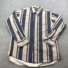 Vintage Wrangler Shirt Mens XL 17.5x37 Blue Tan Striped Pearl Snap Brushpopper