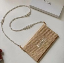 NIB Dior Beauty Raffia Straw Pouch Bag w/ Unbranded Pearl Chain Novelty GWP
