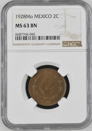 Mexico 2 Centavos 1928 Mo NGC MS 63 BN