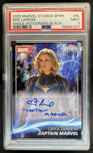 2025 Topps Chrome Marvel Sapphire Brie Larson as Captain Auto Black #/10 PSA 9