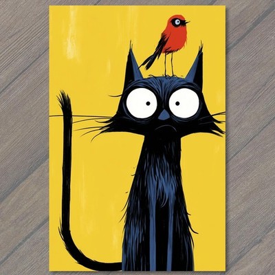 STICKER Black Cat Red Bird Yellow Background Weird Strange Odd Quirky Fantasy