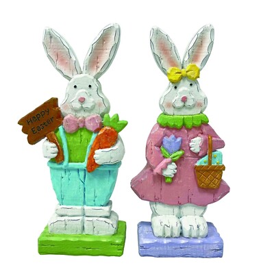 Easter Bunny Figurine Set 2 Boy Girl Sculpted  9.5'' Resin Spring Easter Decor