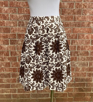 Talbots Jacquard Floral Fit & Flare Linen Floral Brown Ivory Skirt size 8 Petite