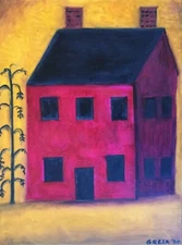 Art. Primitive country saltbox original oil painting 18"x24" large.