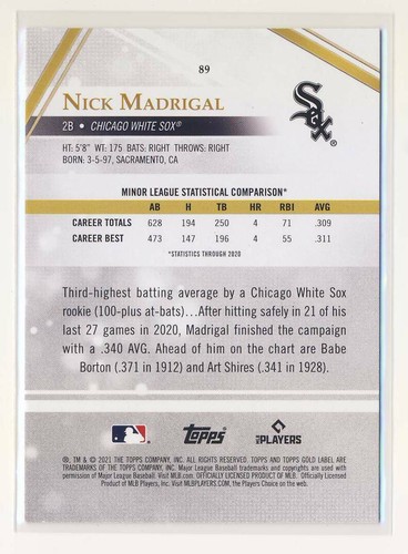 Nick Madrigal 2021 Topps Gold Label Clase 3 #89 radiocontrol Chicago White Sox BX7 - Imagen 2 de 2